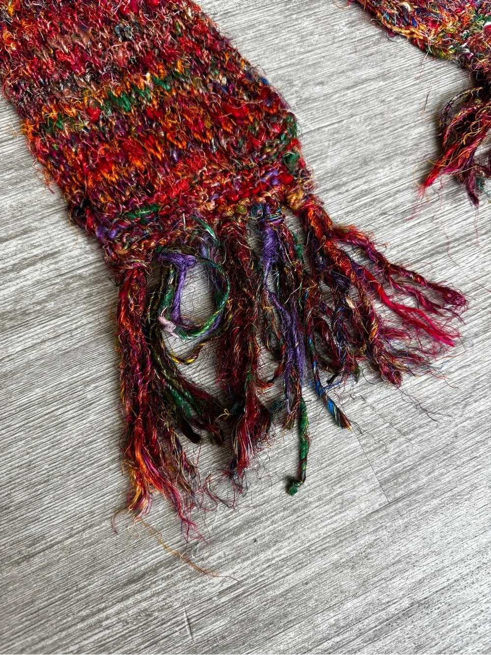 100% Silk Nepal Vintage Hand Dyed Knit Scarf Shimmery Yarn Multi Texture 68”